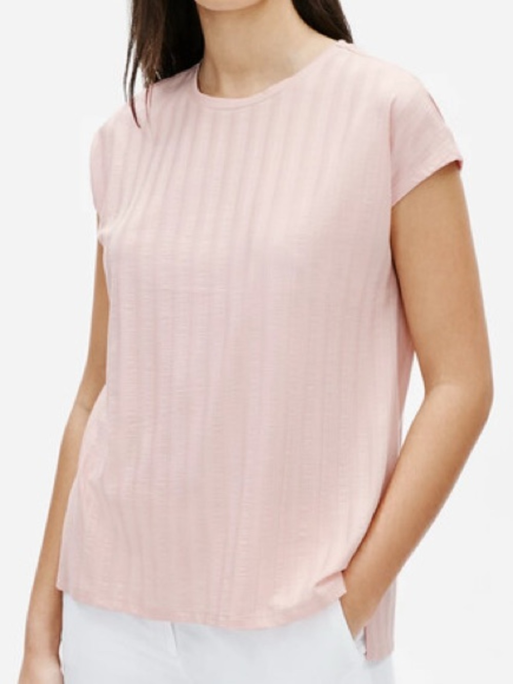 Eileen Fisher Women's Light Pink Ribbed Stretch Crew Neck Top